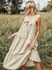 Robe Longue Femme avec Bretelles à Col V à Noeud Bas Evasée Unicolore Robe Maxi