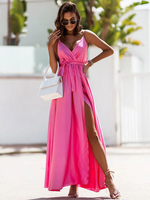 Robe Longue Femme avec Bretelles à Col V Coupe Cintrée à Lacets Bas Evasée Unicolore