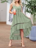 Robe Longue Femme avec Bretelles à Col V Coupe Cintrée à Lacets Bas Evasée Unicolore Robe Maxi