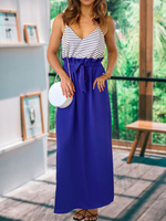 Robe Longue Femme avec Bretelles à Col V Coupe Cintrée à Lacets Imprimé Rayures Bicolores Robe Maxi