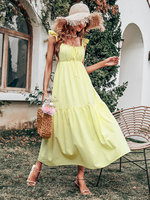 Robe Longue Femme avec Bretelles avec Volantes Coupe Cintrée Bas Evasée Unicolore Robe Maxi