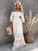 Robe Longue Femme avec Epaule Dénudée avec Manches Mi-longues Coupe Cintrée Bas Evasée Unicolore