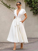 Robe Longue Femme avec Manches Courtes à Col Décolleté en V Coupe Cintrée à Lacets Bas Evasée Unicolore Robe Femme
