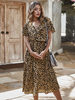 Robe Longue Femme avec Manches Courtes à Col V à Lacets Coupe Cintrée Elastique Imprimé Léopard Bas Evasée Robe Longue