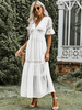 Robe Longue Femme avec Manches Courtes à Col V Coupe Cintrée à Lacets Bas Evasée Unicolore
