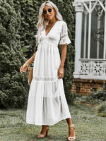 Robe Longue Femme avec Manches Courtes à Col V Coupe Cintrée à Lacets Bas Evasée Unicolore