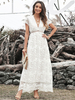 Robe Longue Femme avec Manches Courtes à Col V Coupe Cintrée à Lacets Bas Evasée Unicolore