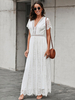 Robe Longue Femme avec Manches Courtes à Col V Coupe Cintrée à Lacets Bas Evasée Unicolore