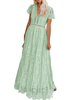 Robe Longue Femme avec Manches Courtes à Col V Coupe Cintrée à Lacets Bas Evasée Unicolore