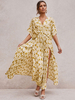 Robe Longue Femme avec Manches Courtes à Col V Coupe Cintrée à Lacets Imprimé Les Fleurs Fente Latérale Robe Longue