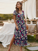 Robe Longue Femme avec Manches Courtes à Col V Coupe Cintrée Fente Latérale Robe Longue
