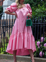 Robe Longue Femme avec Manches Courtes Amples à Col Carré Bas Evasée Unicolore Robe Eté Robe Maxi