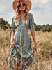 Robe Longue Femme avec Manches Courtes Amples à Col V Coupe Cintrée Bas Evasée