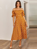 Robe Longue Femme avec Manches Courtes Amples avec Epaules Nus Ceinturé Imprimé avec Pois Robe Longue