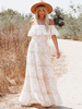 Robe Longue Femme avec Manches Courtes Volantes avec Epaule Dénudée Coupe Cintrée Bas Evasée Unicolore