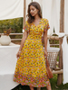 Robe Longue Femme avec Manches Courtes Volants à Col V Coupe Cintrée à Lacets Imprimé Les Fleurs Robe Longue