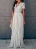 Robe Longue Femme avec Manches Courtes Volants Dentelles à Col V Coupe Cintrée Creusants Robe Longue