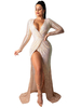 Robe Longue Femme avec Manches Langues à Col V Coupe Cintrée avec Les Paillettes Fente sur Le Devant Robe Longue