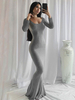 Robe Longue Femme avec Manches Longues à Col Décolleté en V Coupe Cintrée Unicolore