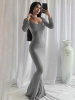 Robe Longue Femme avec Manches Longues à Col Décolleté en V Coupe Cintrée Unicolore