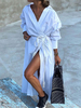 Robe Longue Femme avec Manches Longues à Col Revers Coupe Cintrée à Lacets avec Fente Unicolore Robe Maxi