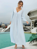Robe Longue Femme avec Manches Longues Amples à Col V Bas Evasée Unicolore