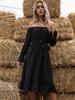 Robe Longue Femme avec Manches Longues Amples avec Epaule Dénudée Coupe Cintrée à Lacets Unicolore Robe Maxi