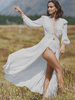 Robe Longue Femme avec Manches Longues Amples Coupe Cintrée avec Fente Unicolore Robe Maxi
