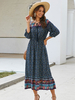 Robe Longue Femme avec Manches Mi-longues à Col V à Lacets Coupe Cintrée à Lacets Imprimé Les Fleurs Bas Evasée Robe Longue