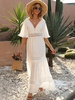 Robe Longue Femme avec Manches Mi-longues à Col V Coupe Cintrée Bas Evasée Unicolore