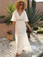 Robe Longue Femme avec Manches Mi-longues à Col V Coupe Cintrée Bas Evasée Unicolore