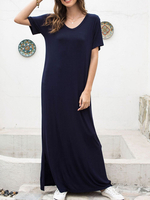 Robe longue femme bleu marine à manches courtes et col en V en coton mélangé
