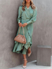 Robe Longue Femme en Mousseline à Col V avec Manches Longues Amples Coupe Cintrée Bas Evasée Unicolore