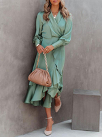 Robe Longue Femme en Mousseline à Col V avec Manches Longues Amples Coupe Cintrée Bas Evasée Unicolore