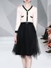 Robe Longue Femme en Mousseline à Col V avec Manches Longues Coupe Cintrée Bas Evasée Bicolores