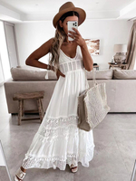 Robe Longue Femme en Mousseline avec Bretelles à Col Décolleté en V Coupe Cintrée Bas Evasée Unicolore