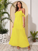 Robe Longue Femme en Mousseline avec Bretelles à Col V avec Epaule Dénudée Coupe Cintrée Bas Evasée Unicolore