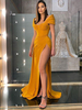 Robe Longue Femme en Mousseline avec Manches Courtes à Col Décolleté Coupe Cintrée avec Fente Unicolore Robe Longue Robe de Cocktail