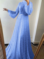 Robe Longue Femme en Mousseline avec Manches Longues Amples à Col Montant Coupe Cintrée Bas Evasée Unicolore Robe de Soirée