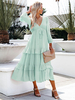 Robe Longue Femme en Mousseline avec Manches Longues Amples à Col V Bas Evasée Unicolore Robe Maxi Robe Eté