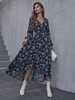 Robe Longue Femme en Mousseline Imprimé Fleurie avec Manches Longues Amples avec Fente Bas Evasée Robe Maxi