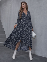 Robe Longue Femme en Mousseline Imprimé Fleurie avec Manches Longues Amples avec Fente Bas Evasée Robe Maxi