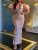 Robe Longue Femme en Paillettes avec Manches Courtes Amples Coupe Cintrée à Col Décolleté en V Coupe Cintrée Unicolore Robe de Soirée