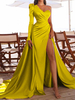 Robe Longue Femme en Satin à Col Décolleté en V avec Manche Longue Coupe Cntrée avec Fente Robe de Soirée