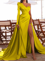 Robe Longue Femme en Satin à Col Décolleté en V avec Manche Longue Coupe Cntrée avec Fente Robe de Soirée