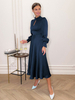 Robe Longue Femme en Satin à Col Montant avec Manches Longues Amples Coupe Cintrée Bas Evasée Unicolore Robe Maxi