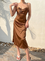Robe Longue Femme en Satin avec Bretelles à Col Décolleté Coupe Cintrée Unicolore
