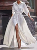 Robe Longue Femme Eté à Col Revers avec Manches Longues Coupe Cintrée Elastique avec Boutons avec Fente Unicolore Bas Evasée Robe de Plage Robe Eté Robe Maxi