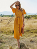 Robe Longue Femme Eté à Col V avec Manches Courtes Amples Coupe Cintrée à Lacets avec Boutons Unicolore Robe de Plage Robe Eté