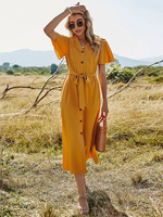 Robe Longue Femme Eté à Col V avec Manches Courtes Amples Coupe Cintrée à Lacets avec Boutons Unicolore Robe de Plage Robe Eté
